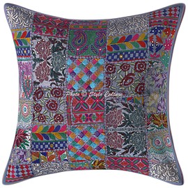 Stylo Culture Ethnic Cotton Decorative Sofa Cushion Covers 24 x 24 Inch Large Couch Cushion Cover Grey Patchwork 60 x 60 cm Abstract Flowers Traditional Decorative Cushion Square Cushion Cover (Set of