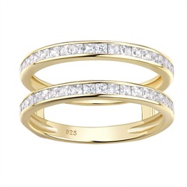 Wuziwen Vintage Princess Ring Enhancer for Women AAAAA CZ Wedding Band Set 925 Sterling Silver (Gold, 6)