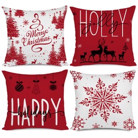 Miaikoe Red Christmas Cushion Covers 45x45 Set of 4 Christmas Decorations Happy Holidays Holly Jolly Snowflake Merry Christmas Decor Throw Cushion Case for Home Couch Sofa Deco