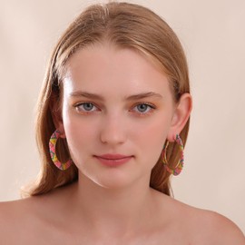 Winssigma Boho Beaded Hoop Earrings, Handmade Colorful Beads Gold Hoop Earrings for Women Big Circle Bead Huggie Earrings(Pink)