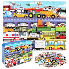LELEMON 60 Pieces Puzzles for Kids Ages 4-8 Traffic Jam Puzzle for Boys Girls Transportation Vehicles Children Learning Educational Puzzles Portable Box Pack Toys