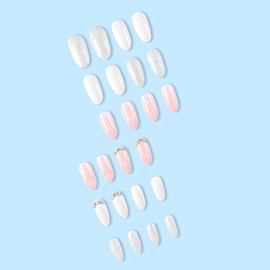 IMSOHOT Christmas Press on Nails Medium Almond Fake Nails Snowflake False Nails with Rhinestone Designs Silver Glitter Glossy Glue on Nails Pink Full Cover Stiletto Acrylic Nails for Women 24Pcs