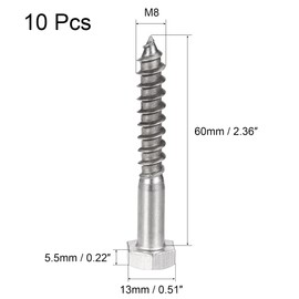uxcell Hex Lag Screws, M8 x 60mm 304 Stainless Steel Half Thread Self-Tapping Bolts for Wood Screw 10Pcs
