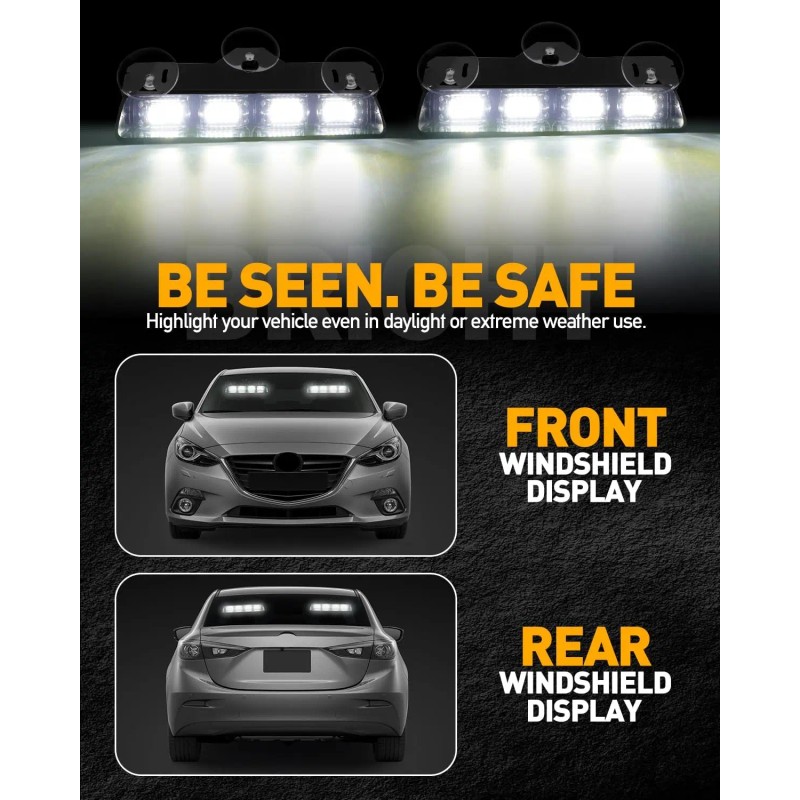 Emergency Dash Strobe Lights White Safety Flashing Warning Hazard Windshield