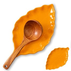 Ceramic Leaf Shape Spoon Rest for cooking, Cute Green Cooking Spoon Holder for Stove Top,Large Porcelain Spatula Rest for Kitchen Counter, Farmhouse Kitchen Decor (maple orange)