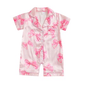 Kuriozud Baby Girl Pajamas Newborn Button Down Romper Jumpsuit Feather Trim Nightgown Infant Sleepwear One-Piece Summer Pjs (A Bow Print Pink, 18-24 Months)