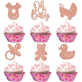 24 piezas de adornos para cupcakes de baby shower, chupete con purpurina, para llevar de bebé, osito de oh, para revelar el género, baby shower, suministros para fiestas de cumpleaños, color oro rosa