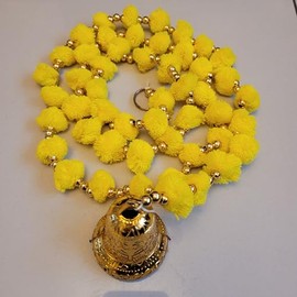 Estationeryhouse Indian Handmade Pom Pom Garland with bells latkans 5 feet approx pack of 2 garlands Diwali decor Christmas decor (Yellow)