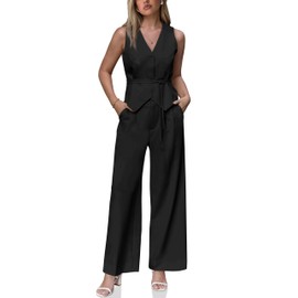 Cicy Bell Womens Business Casual 2 Piece Outfits V Neck Sleeveless Tie Waist Blazer Vest Pleated Wide Leg Suits Pants Sets Black