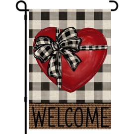 Vellibring Valentine Welcome Garden Flag 12×18 Valentines Day Double Sided Garden Flag Red Love Heart Buffalo Plaid Burlap Flag Yard Outdoor Farmhouse Porch Anniversary Wedding Decor