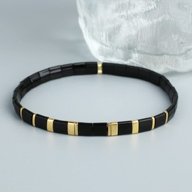 KELITCH Black Tila Beaded Bracelet Delicated Elastic Beaded Bracelets Women Fashion Beaded Bracelets Jewelry for Friendship