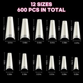 600PCS Half Cover Coffin Nail Tips - Acrylic Nail Tips, krofaue 12 Size Natural Ballerina Nail Tips, Half Cover Acrylic False Nail Tips With Box for Nail Tips Art Salons and Home DIY