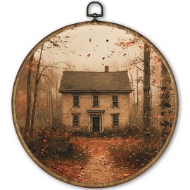 TLESKE Vintage Fall Farmhouse Cottage Round Wall Art Decor Framed 10x10, Dark Cottagecore Autumn Canvas Wall Art Prints Artwork, Country Forest Wall Hanging Room Door Decor for Bedroom Kitchen