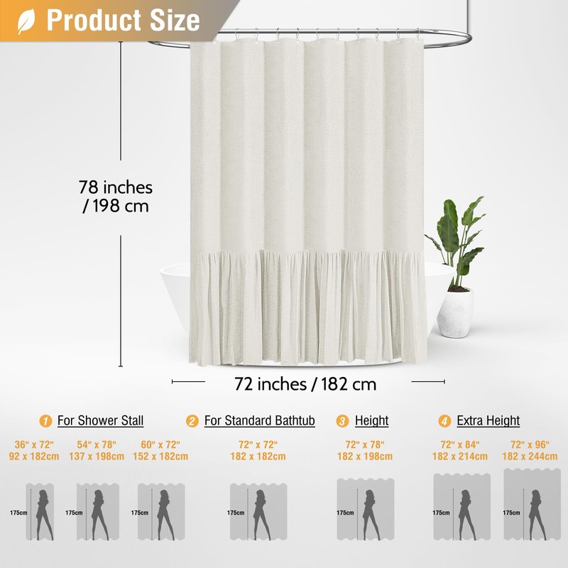 BTTN 78 Inch Long Shower Curtain - Farmhouse Thick Fabric