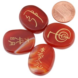 mookaitedecor 4 Piece Carnelian Stones Engraved Chakra Symbols Polished Palm Stones for Reiki Crystal Healing