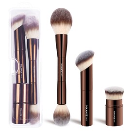 MAANGE MAANGE 3 PCS Foundation Makeup Brush Set, Double-ended Kabuki Brush Contour Brush for Liquid Powder Concealer Cream Cosmetics Blending Blush Buffing Face Makeup Tools (Coffee)