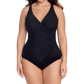 Miraclesuit Women's Plus Size Swimwear Oceanus V-Neckline Underwire Bra Tummy Control One Piece Swimsuit, Black, 22W