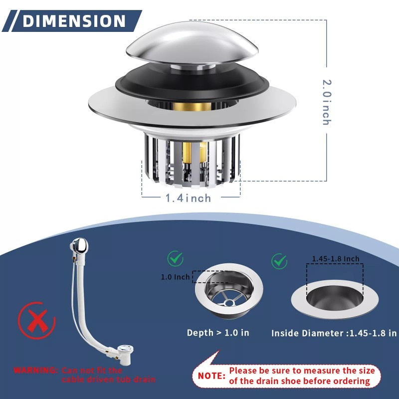 COVO Upgraded Silver Bathtub Drain Strainer Plug Tool-Free Installation 1.45-1.8