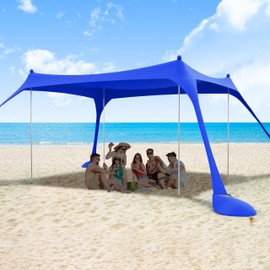 ihuan Beach Tent Sun Shelter 10X10FT UPF50+ with 4 Aluminum Foldable Poles, Easy Setup Outdoor Shade Canopy for 8 Person, Camping Sun Shelter for Fishing, Family Trips, Backyard Picnics