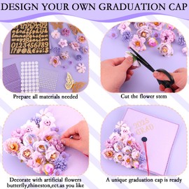 51 PCS DIY Graduation Grad Cap Decoration Kit - 12 Cream Construction Paper with Artificial Flower Heads 3D Butterfly Pearl Adhesive Dots Rhinestone Stickers for DIY Grad Hat Topper (Light Purple)