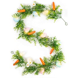 N&T NIETING Easter Garland 6 FT Easter Artificial Garlands with 10 Glowing Easter Eggs & 6 Easter Carrots, Spring Floral Garland Decor for Home Kitchen Fireplace Indoor Outdoor Holiday Party