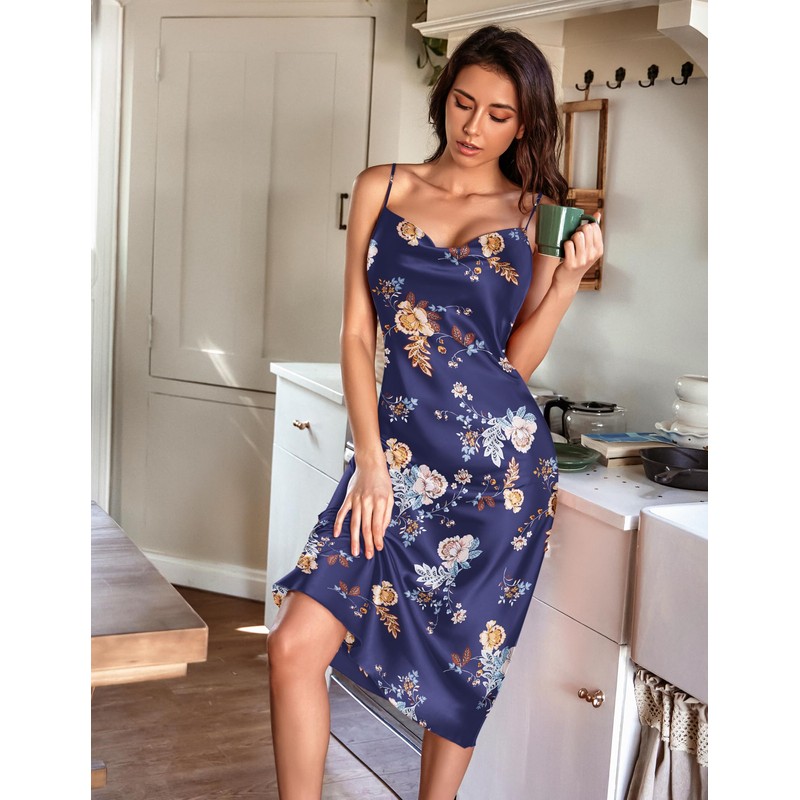 Ekouaer Women's Nightgown Satin Spagetti Strap Cowl Neck Elegant Slip