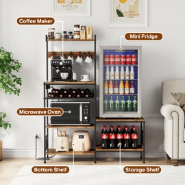 Portin Stand for Mini Fridge and Microwave Coffee Maker - Large Storage Capacity, with Power Outlet and S-Hooks, Kitchen Bakers Rack, Microwave Oven Stand, Coffee Bar(Woodgrain)