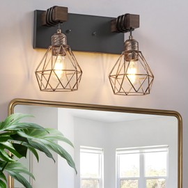 Farmhouse Bathroom Vanity Light Fixtures, 3-Light Black Gold Bathroom Light Fixtures Over Mirror, Rustic Wood Sconces Wall Lighting with Elegant Metal Lampshade for Living Room, Bedroom, Hallway