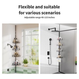 4 Tier Rustproof Shower Caddy Corner for Bathroom,Shower Organizer Corner Shelf Tension Pole, Adjustable Shower Shelves for Shower,,48 to 115 Inch,Bathtub Storage Organizer for Shampoo Accessories