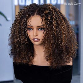 [250% Density ] Wavymy Styled-to-Go Casual Blonde Highlights Afro Kinky Curly 7x5 Lace Wear Go Glueless Wigs Pre-Cut & Pre-Plucked 100% Human Hair Wig 250% Density - Size: 20 inches, Density: 180% (Natural)