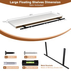 Landmok 40 Inch Floating Shelf 1 Pack Large Floating Shelves for Wall No Drilling Accessories Included Deep Wall Shelves for Living Room Kitchen Farmhouse 40" W x 12" D x 1.2" White