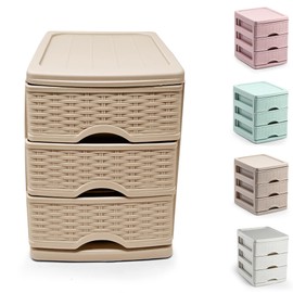 3 Drawers Plastic Desktop Storage Unit with Drawers, Stationary Arts Drawer Desktop Tabletop Organiser Storage Tower Unit for Office Bedroom Garage (17 x 13.5 x 17cm - Rattan Taupe)