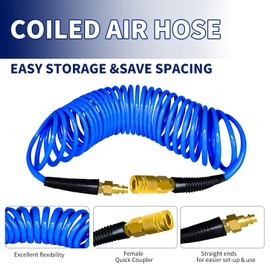 NOEAIKE Air Compressor Hose,1/4 IN x 25 FT Polyurethane Recoil Air Hose Kit with 1/4 Quick Connect Air Hose Fittings and Bend Restrictor-Copper Material (Blue)