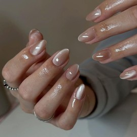 KQueenest Cat Eye Press on Nails Short Oval, 30 Pcs Nude Fake Nails Short Round, Glitter Glass Glue on Nails Almond, Reusable Shiny Chrome False Nails for Women Summer Decoration