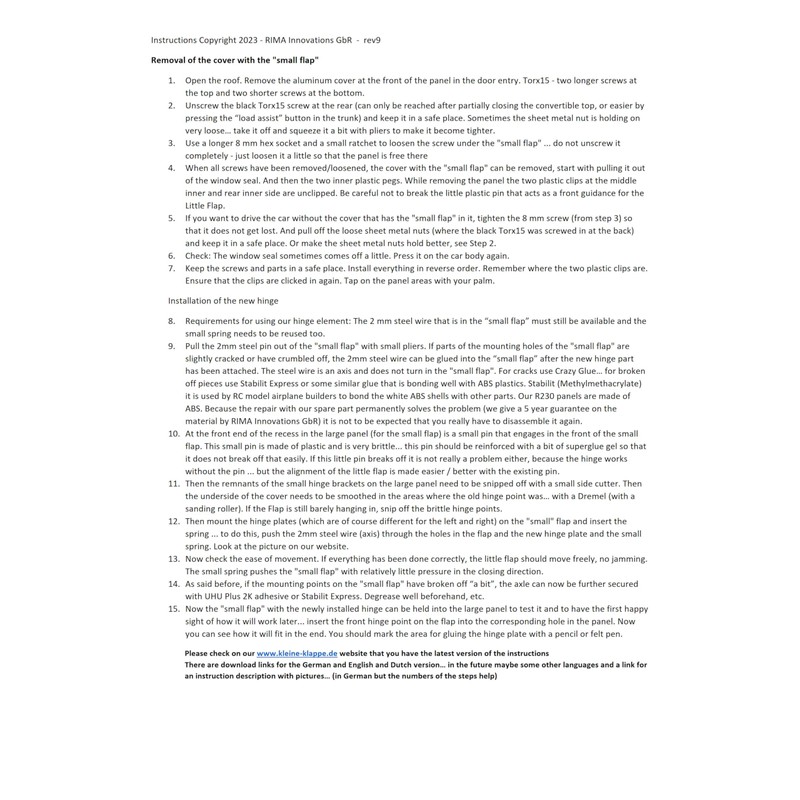 RIMA Innovations GbR Mercedes R230 Small Flap Repair Kit