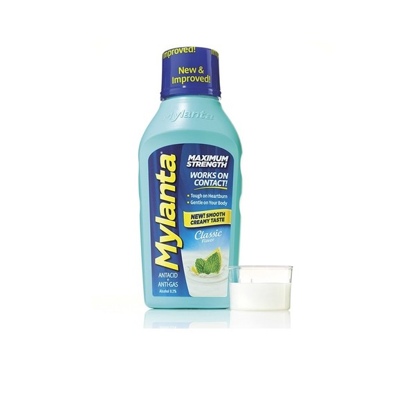 Mylanta Maximum Strength Liquid Antacid + Anti-Gas, Classic Flavor, 12 oz Per Bottle (4 Pack)