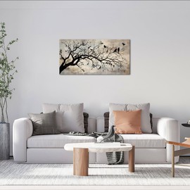 sechars Birds on Tree Branch Canvas Wall Art Vintage Brown Farmhouse Wall Decor Rustic Country Style Artwork for Kitchen Living Room (Medium)