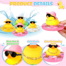 12 Sets Patos de Goma de Verano Mini Juguetes de Baño de Pato Amarillo Decoraciones para Salpicadero de Coche con Mini Sombrero para Sol Collar Anillo de Natación y Gafas de Sol (Novedoso, 12)