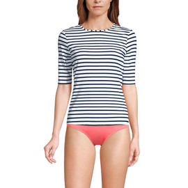 Lands' End Womens Elbow Sleeve Crewneck Swim Tee Rash Guard White/deep Sea Stripe Plus 2X