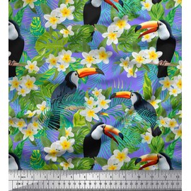 Soimoi Purple Cotton Canvas Fabric Tropical Leaves,White Floral & Toucan Bird Print Fabric by The Yard 42 Inch Wide