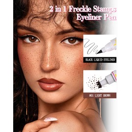 2 in 1 Freckle Stamps Eyeliner Pen, Light Brown Liquid Freckle Stamp & Black Eyeliner Pencil for Summer Sunkissed Makeup, Waterproof Long Lasting Natural Lifelike Fake Freckles Quick Dry Makeup Pen-01