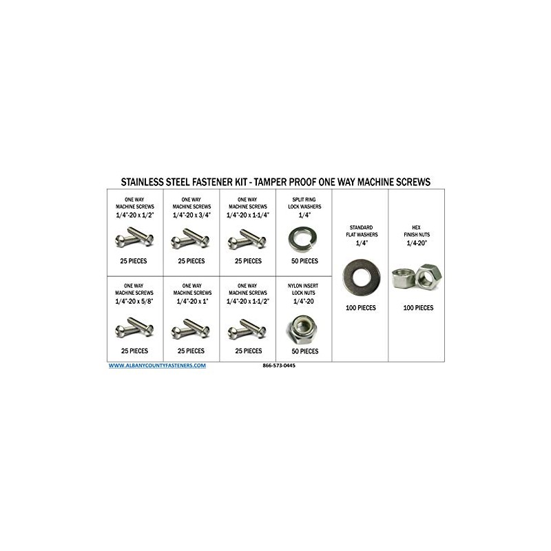 Stainless Steel Tamper Proof 1/4"-20 One Way Machine Screw Kit