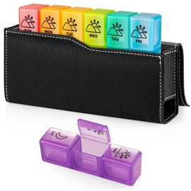 Weekly Pill Boxes 3 Times a Day, Light Proof Pill Box and Organizer 7 Day with PU Leather Pill Case, BPA Free Medicine Storage Box for Pills, Vitamin, Medication and Tablets (Rainbow)