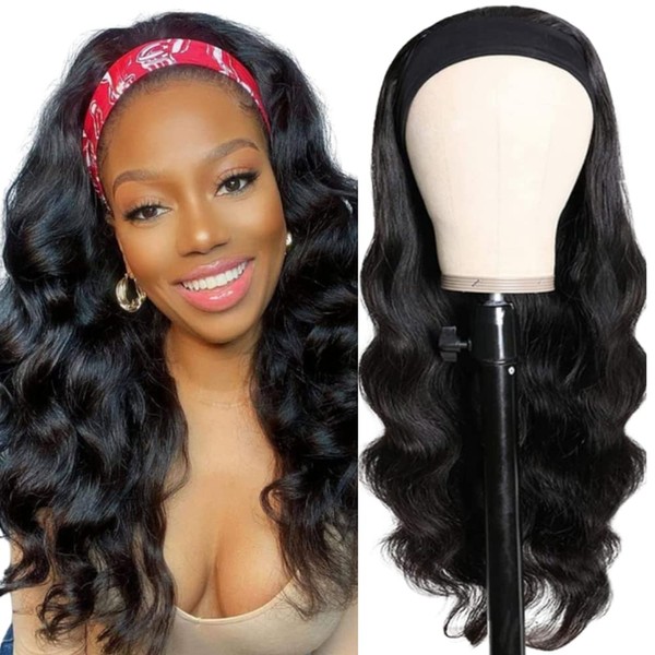 QTHAIR 14A Body Wave Human Hair Headband Scarf Half Wig for Women Non Lace Front Wigs (22inch) 100% Unprocessed Brazilian Virgin Hair Glueless Wigs Wear and Go Non Lace Front Wig 150% Density
