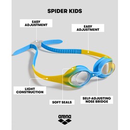 arena Spider Kids Anti-Fog Schwimmbrille für Kinder, Kinder-Schwimmbrille mit UV-Schutz, Selbstjustierender Nasensteg, Hypoallergenische Silikon Dichtungen, Gelb