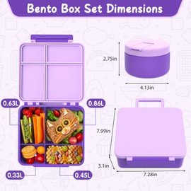 LOHASOK Bento Lunch Box with 8oz Soup Thermo, Leak-Proof Lunch Containers with 4 Compartment, Thermo Hot Food Jar and Insulated Lunch Box for School Purple