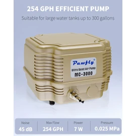 Pawfly 7 W 254 GPH Commercial Air Pump Adjustable Quiet Oxygen Aerator Pump with Air Stones 4 Outlets Manifold and Airline TubingAccessories for Up to 300 Gallon Tank Aquarium Pond