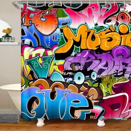 Hippie Graffiti Bathroom Shower Curtain with Hooks Kids Boys Teens Colorful Cartoon Alphabet Art Waterproof Shower Curtains Machine Washable Graffiti Wall Curtians Home Bath 72x94 Inch