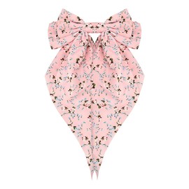 Ancnoz Pink Bow Hair Clip with Long Tassel for Women Girls, Large Bow-Knot Hairclip Hair Slide, Silky Satin Flower Pattern, French Barrette Hairpin Hair Ribbons Clips