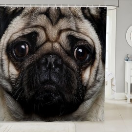 Pug Shower Curtain Cute Cartoon Pug Dog Shower Curtains with Hooks for Kids Adults Kawaii Pet Pug Puppy Bath Curtain 3D Animal Theme Waterproof Fabric Bathroom Decor Dog Lover's Room Decor 72x72 Inch